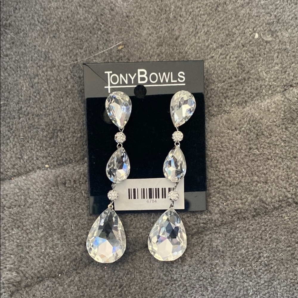 Tony Bowls Clear Crystal Teardrop Drop Earrings